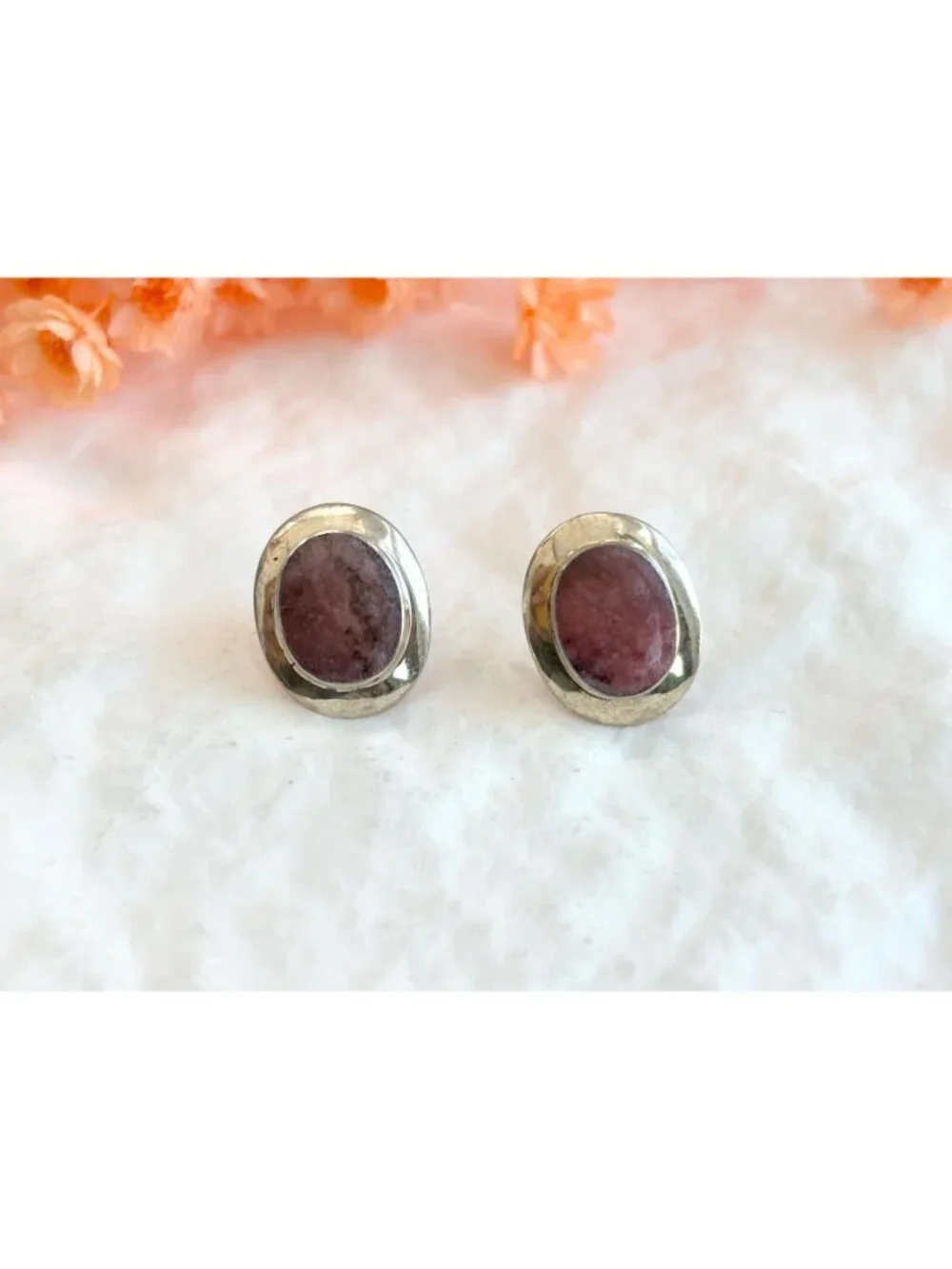 Natural Watermelon Rhodonite Gemstone Vintage Sterling Silver 925 Stud Earrings